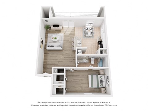 a stylized floor plan with a bedroom and a living room